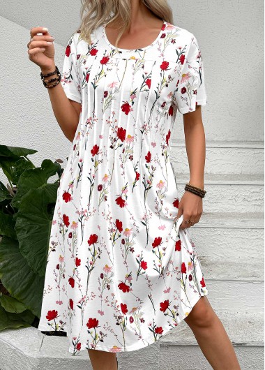 Modlily White Tuck Stitch Floral Print A Line Dress - S