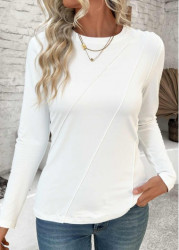 Modlily White Tuck Stitch Long Sleeve Round Neck T Shirt - M