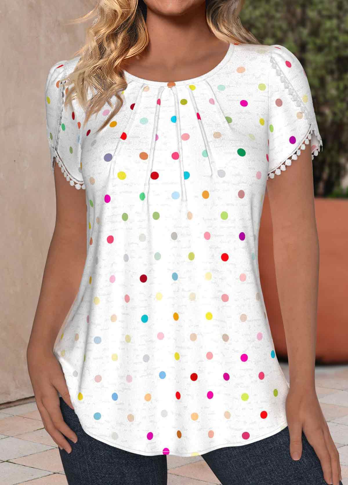 Modlily White Tuck Stitch Polka Dot Short Sleeve T Shirt - S