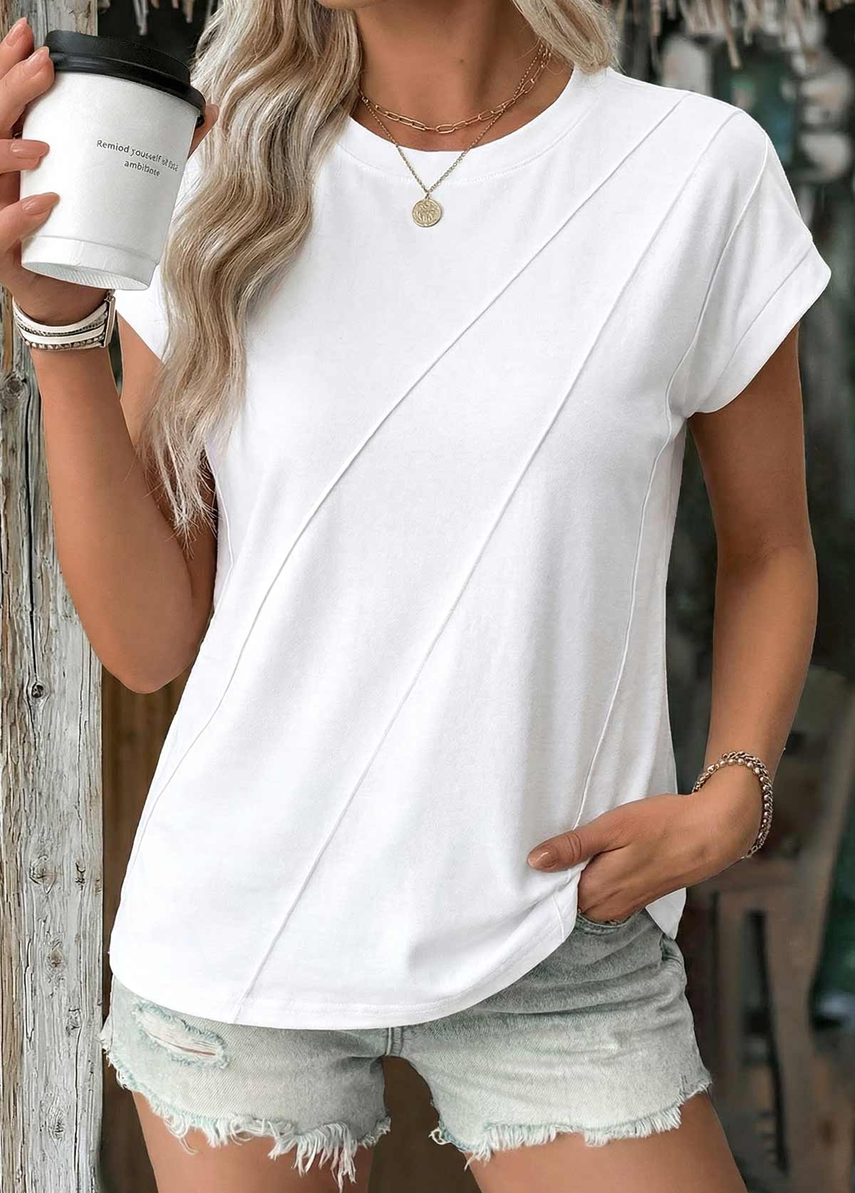 Modlily White Tuck Stitch Short Sleeve Round Neck T Shirt - S