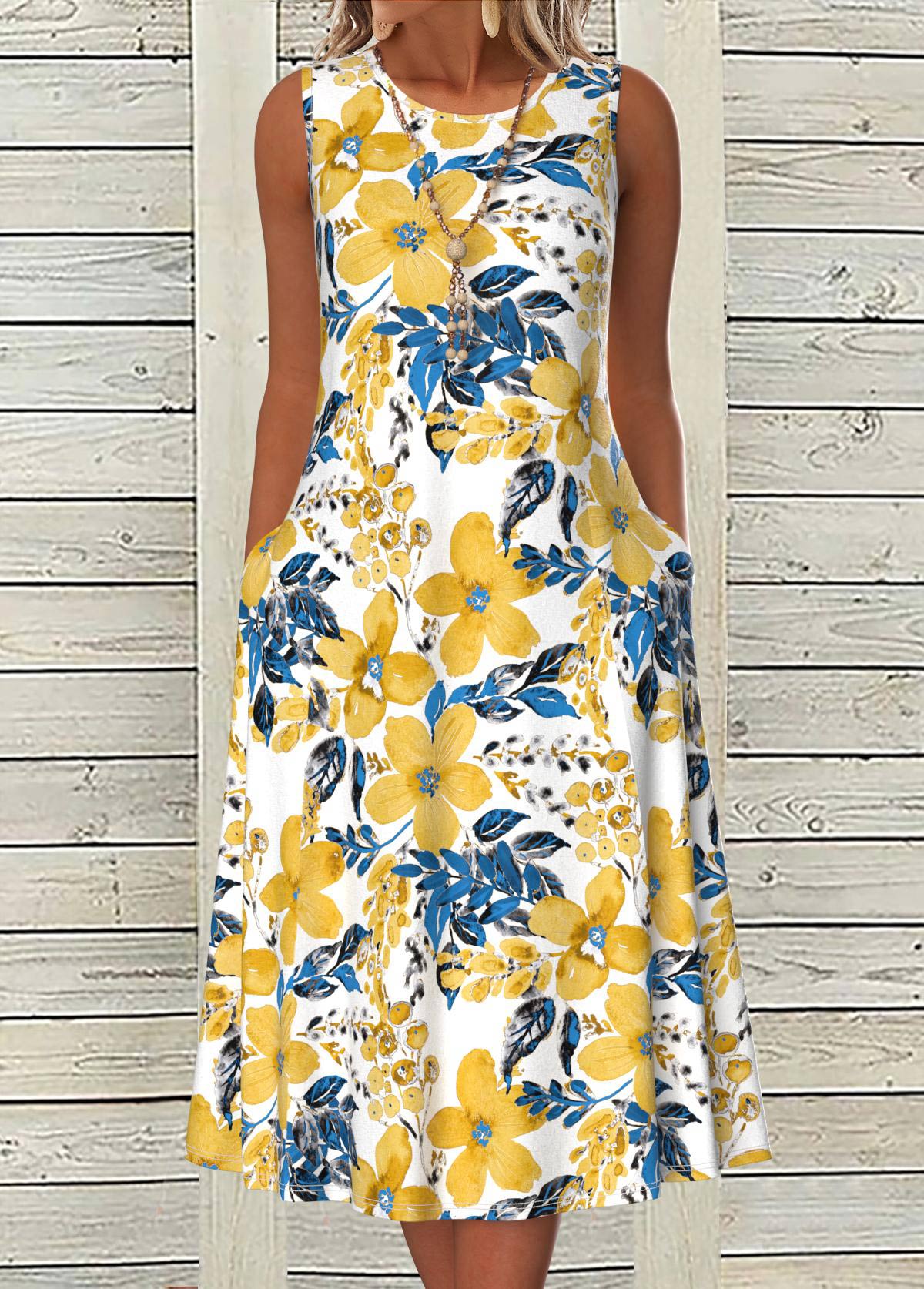 Modlily White Tummy Control Floral Print Sleeveless Round Neck Dress - L