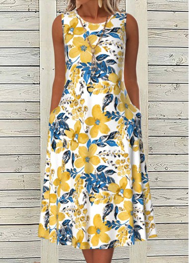 Modlily White Tummy Control Floral Print Sleeveless Round Neck Dress - S