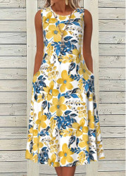 Modlily White Tummy Control Floral Print Sleeveless Round Neck Dress - S