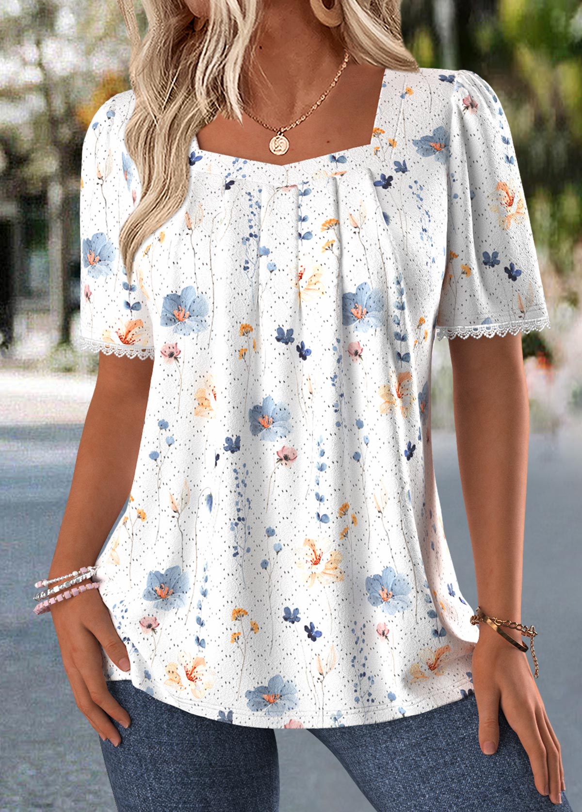 Modlily White Tummy Coverage Ditsy Floral Print T Shirt - M