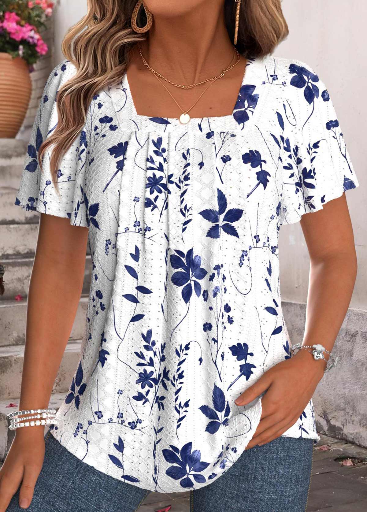 Modlily White Tummy Coverage Floral Print Short Sleeve T Shirt - M