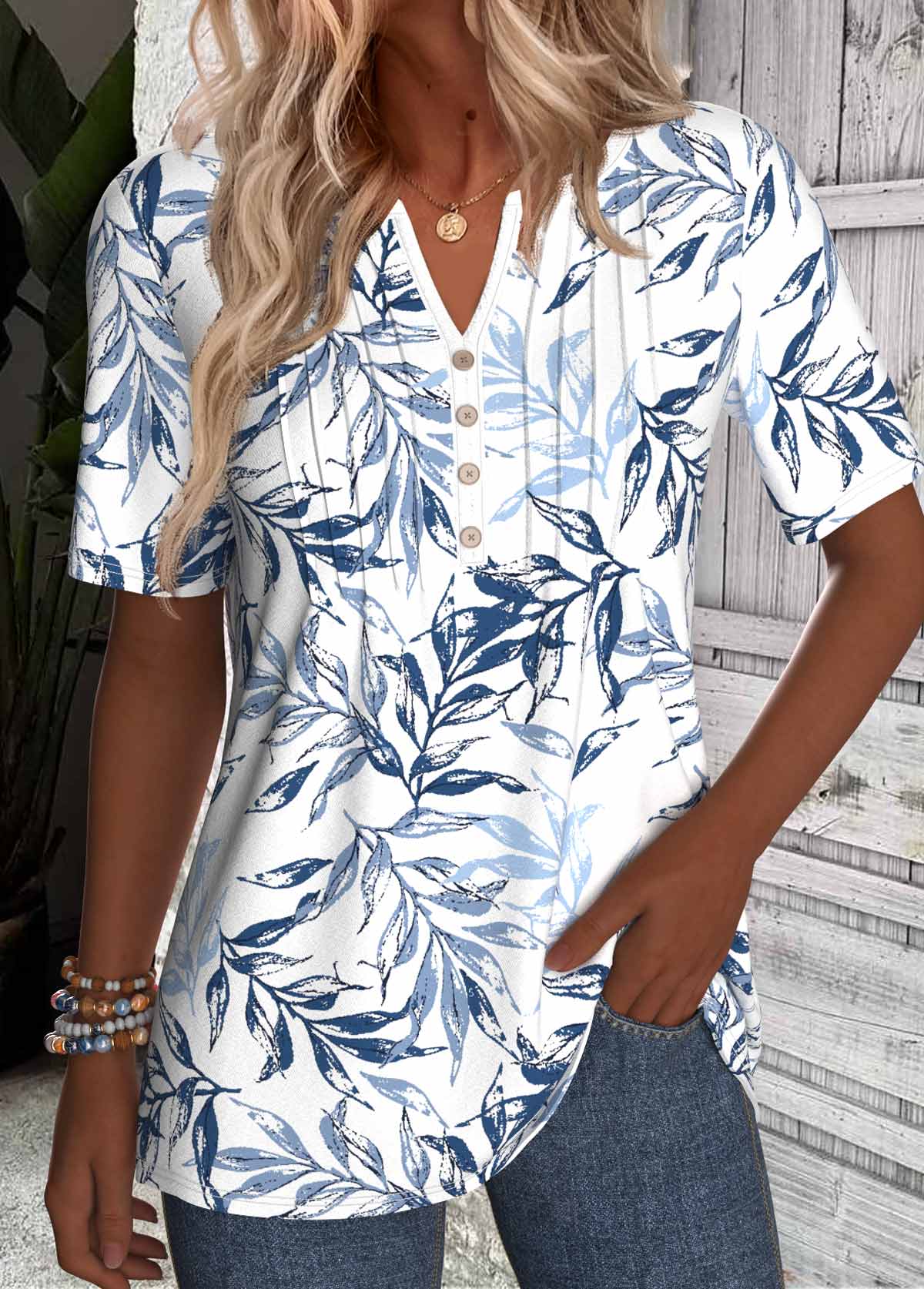 Modlily White Tummy Coverage Leaf Print Short Sleeve T Shirt - M