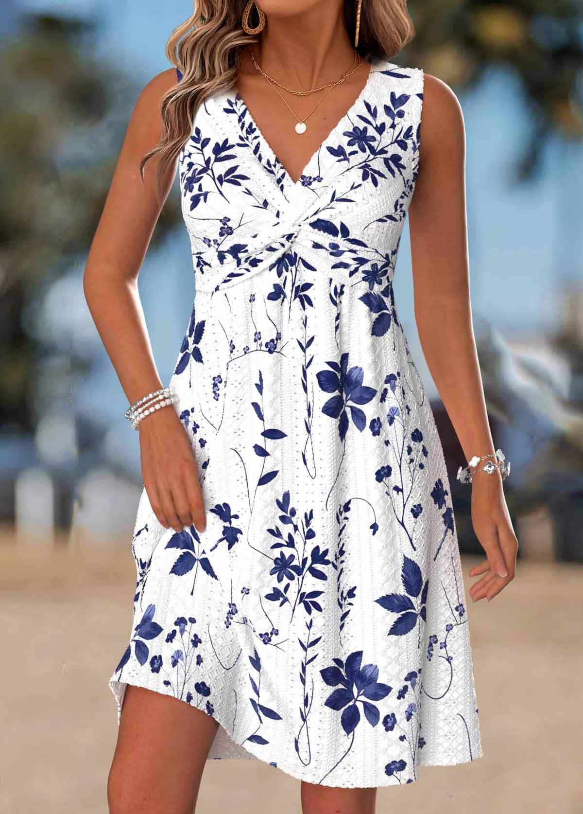 Modlily White Tummy Coverage Leaf Print Short Sleeveless Dress - XS