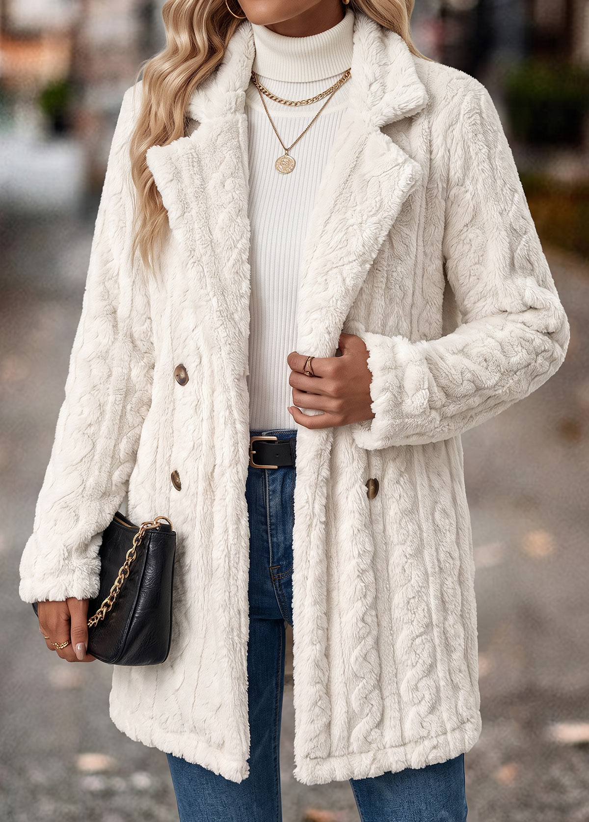 Modlily White Tummy Coverage Long Sleeve Turn Down Collar Coat - S