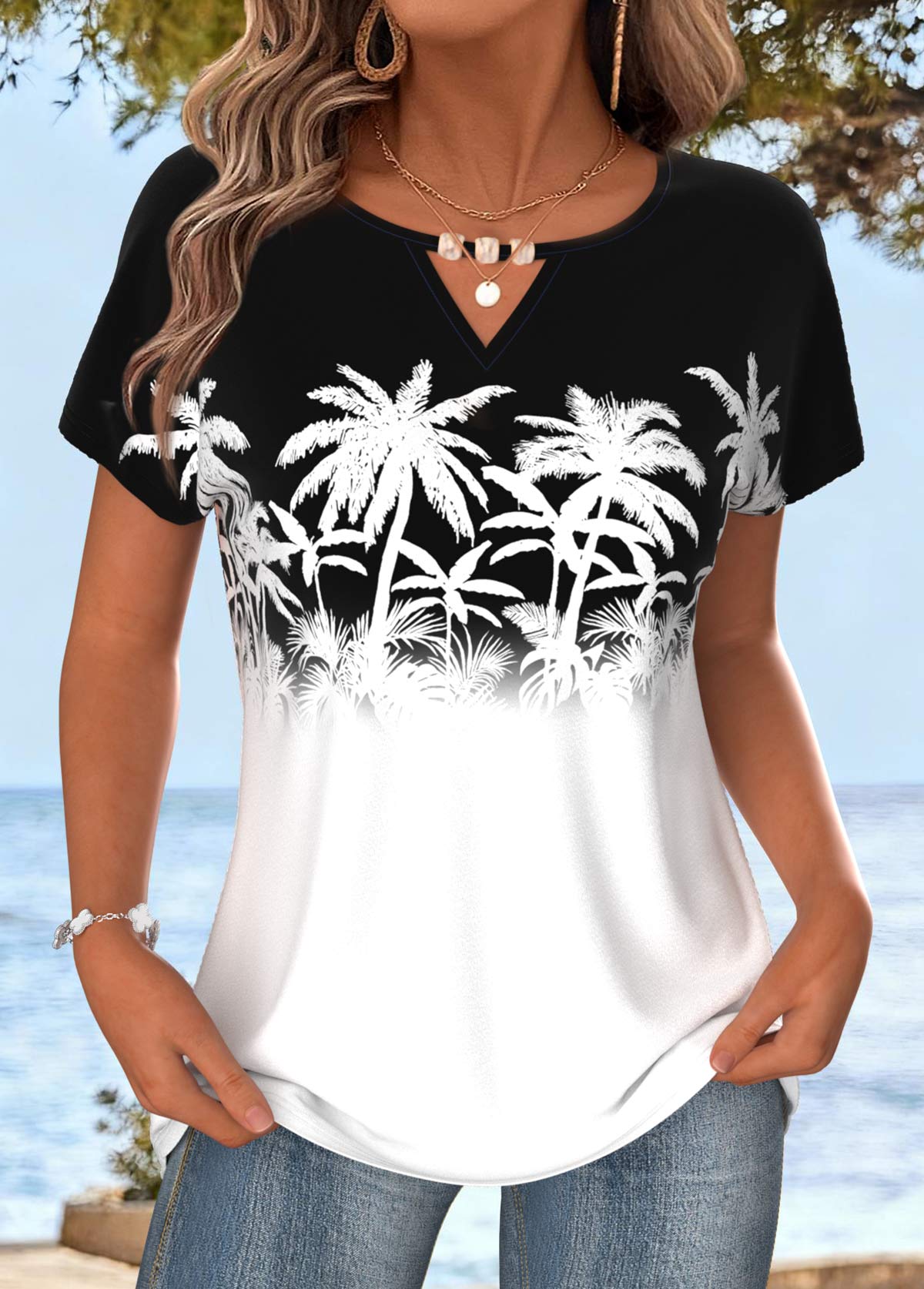 Modlily White Tummy Coverage Tropical Plants Print T Shirt - S