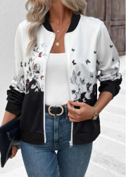 Modlily White Zipper Floral Print Long Sleeve Stand Collar Jacket - M