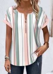 Modlily White Zipper Striped Short Sleeve Round Neck Blouse - S