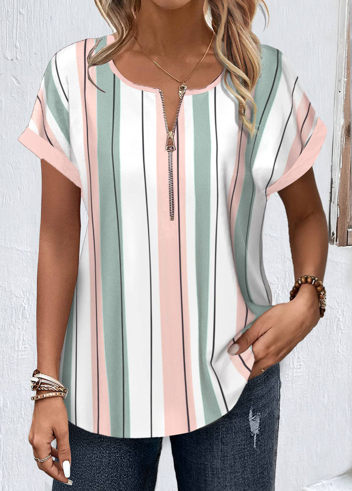Modlily White Zipper Striped Short Sleeve Round Neck Blouse - XXL