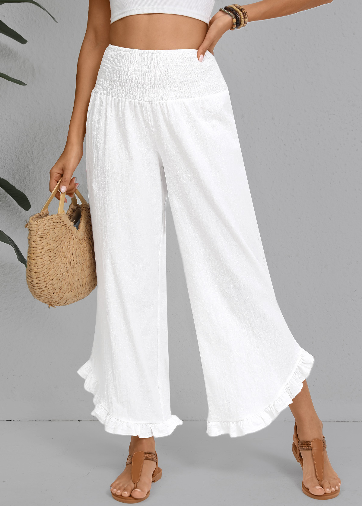 Modlily Wide Leg Elastic Waist White High Waisted Pants - M