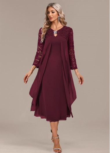 Modlily Wine Red A Line 3/4 Sleeve Round Neck Dress - S