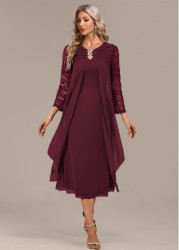 Modlily Wine Red A Line 3/4 Sleeve Round Neck Dress - S