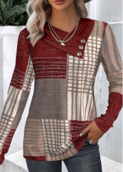 Modlily Wine Red Button Geometric Print Long Sleeve T Shirt - L