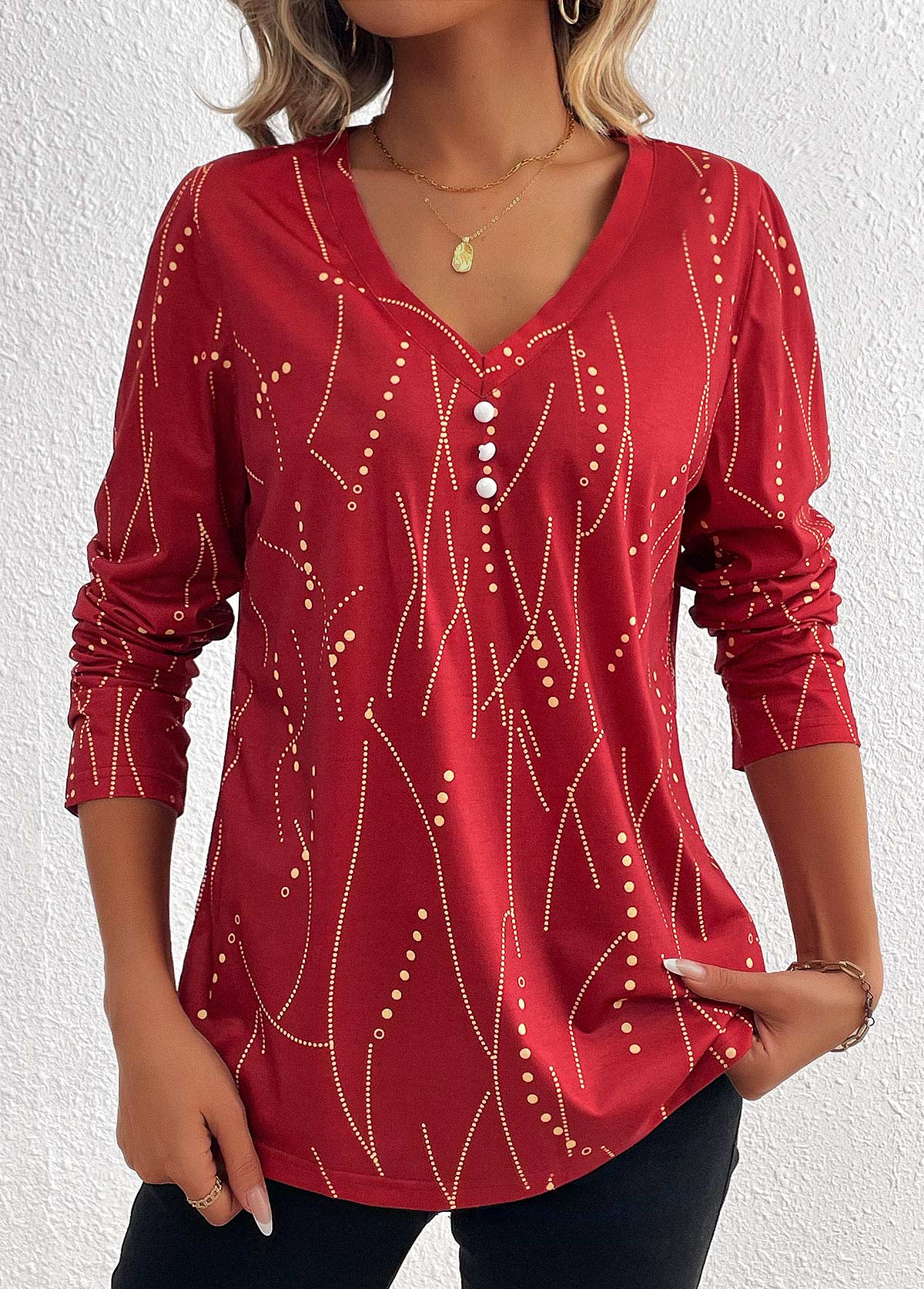 Modlily Wine Red Button Geometric Print Long Sleeve T Shirt - M