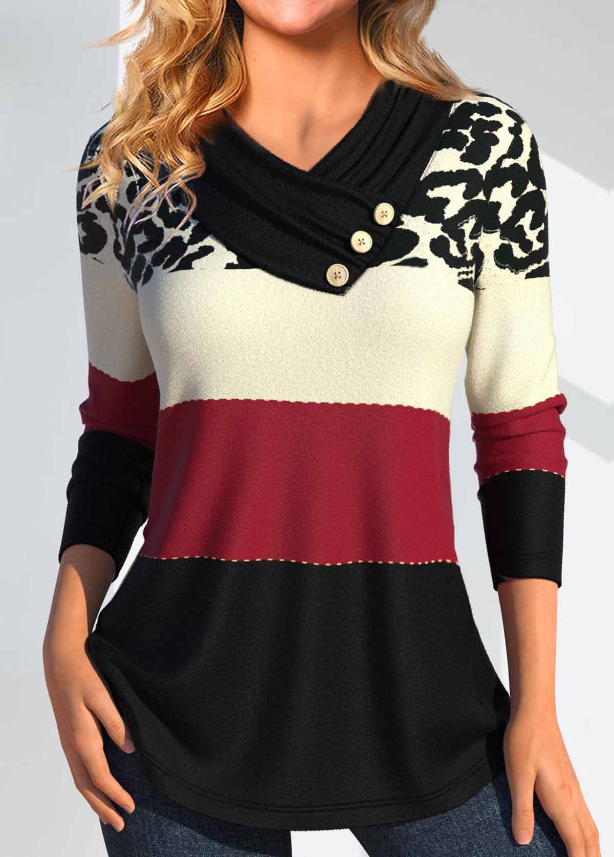 Modlily Wine Red Button Leopard Long Sleeve T Shirt - XL