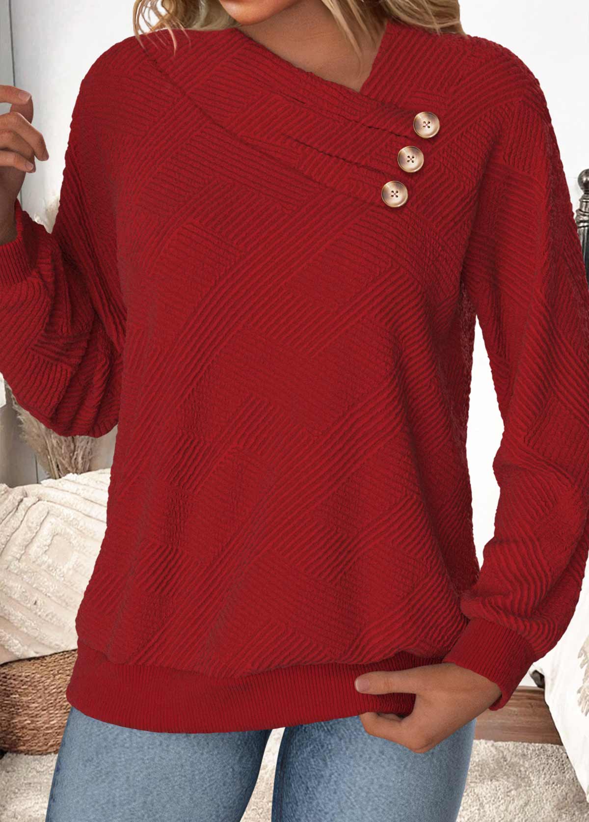 Modlily Wine Red Button Long Sleeve Asymmetrical Neck Sweatshirt - S