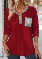 Modlily Wine Red Button Long Sleeve Split Neck Sweatshirt - M