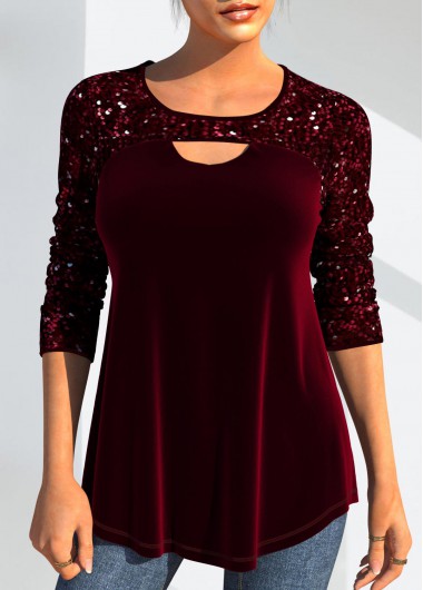Modlily Wine Red Cut Out Long Sleeve Round Neck Blouse - S