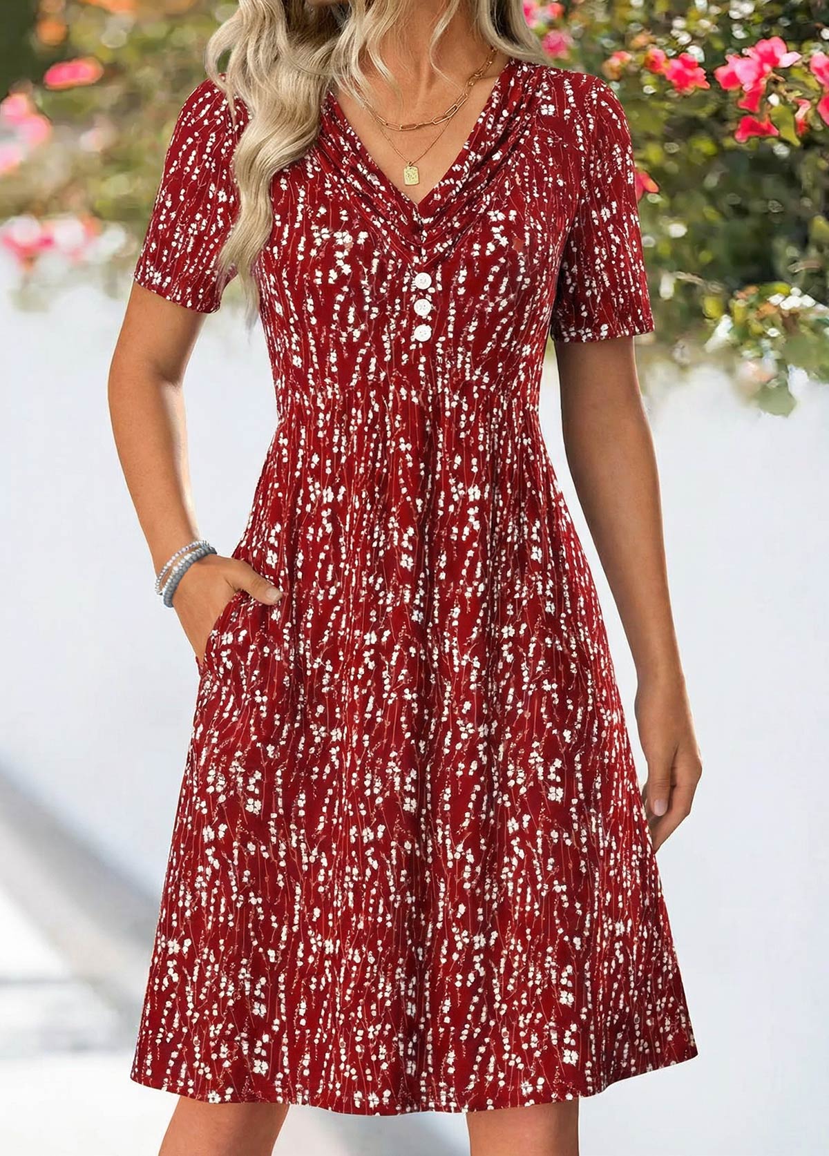 Modlily Wine Red Ditsy Floral Print Tuck Stitch Dress - S