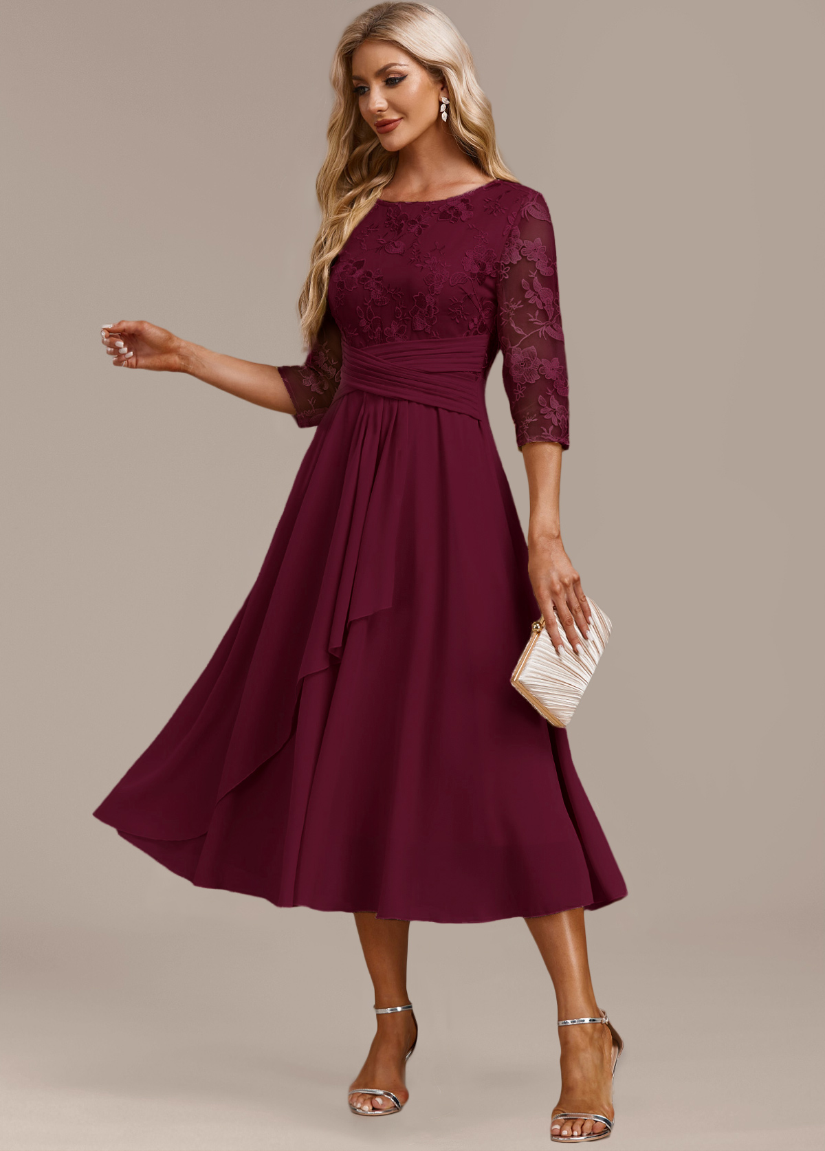 Modlily Wine Red Embroidery 3/4 Sleeve Round Neck Dress - S