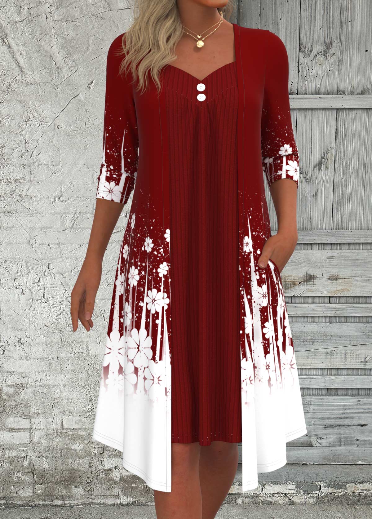 Modlily Wine Red Fake 2in1 Floral Print A Line Dress - M