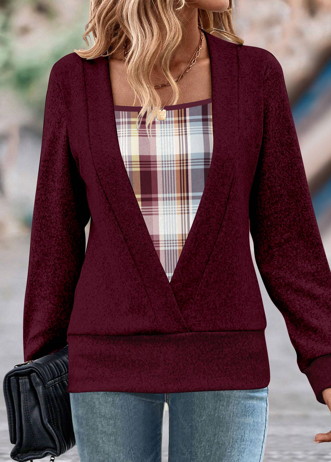 Modlily Wine Red Fake 2in1 Plaid Long Sleeve Sweatshirt - M