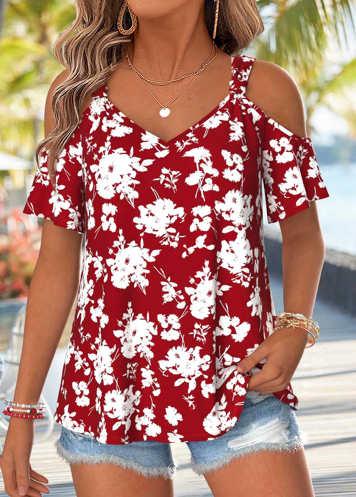 Modlily Wine Red Floral Print Twist Short Sleeve T Shirt - S