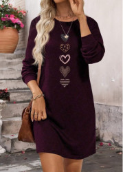 Modlily Wine Red Geometric Print Short Long Sleeve Dress - M