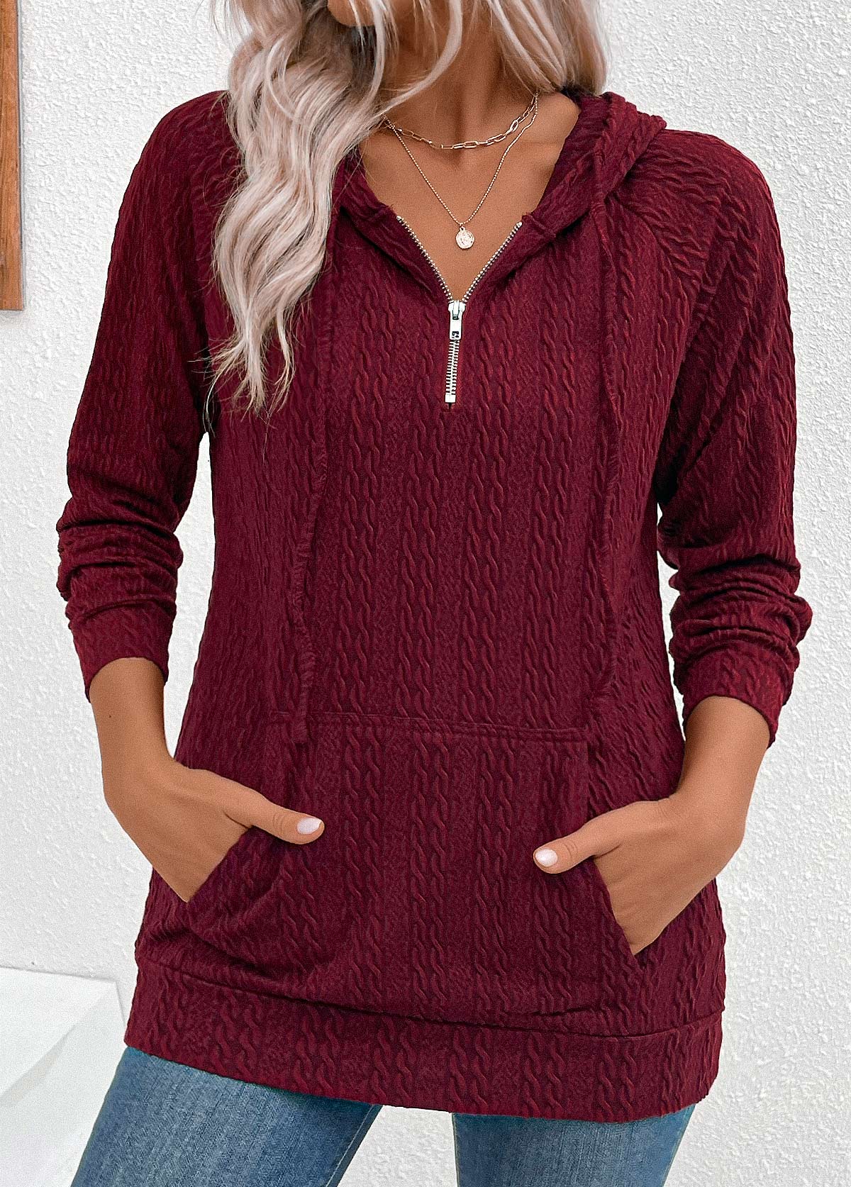 Modlily Wine Red Jacquard Drawstring Long Sleeve Hoodie - M