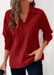 Modlily Wine Red Lace Long Sleeve Turn Down Collar Blouse - 1X