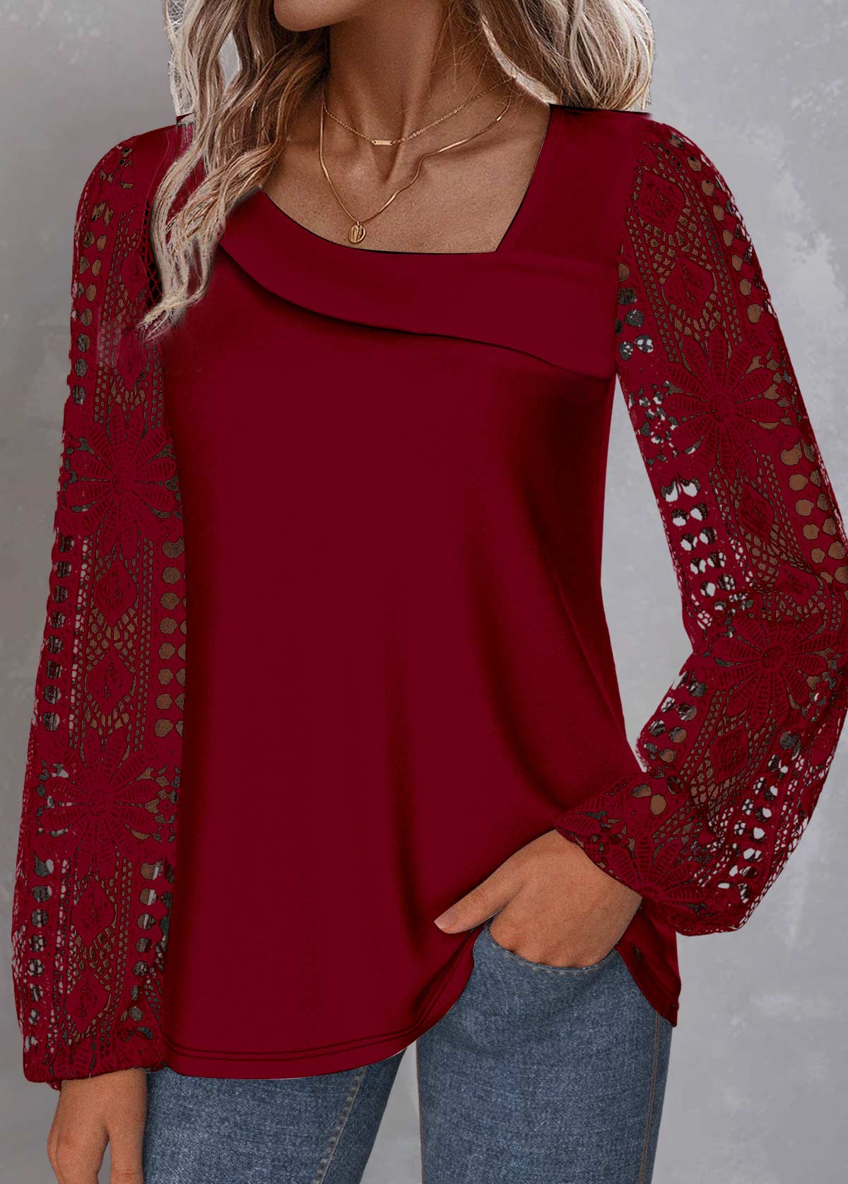 Modlily Wine Red Lace Plus Size Long Sleeve Blouse - M