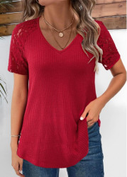 Modlily Wine Red Lace Short Sleeve V Neck T Shirt - XXL