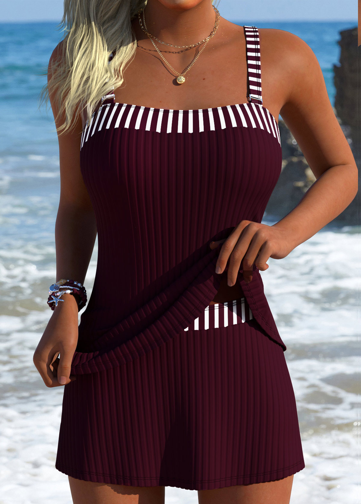Modlily Wine Red Mid Waisted Striped Tankini Set - S