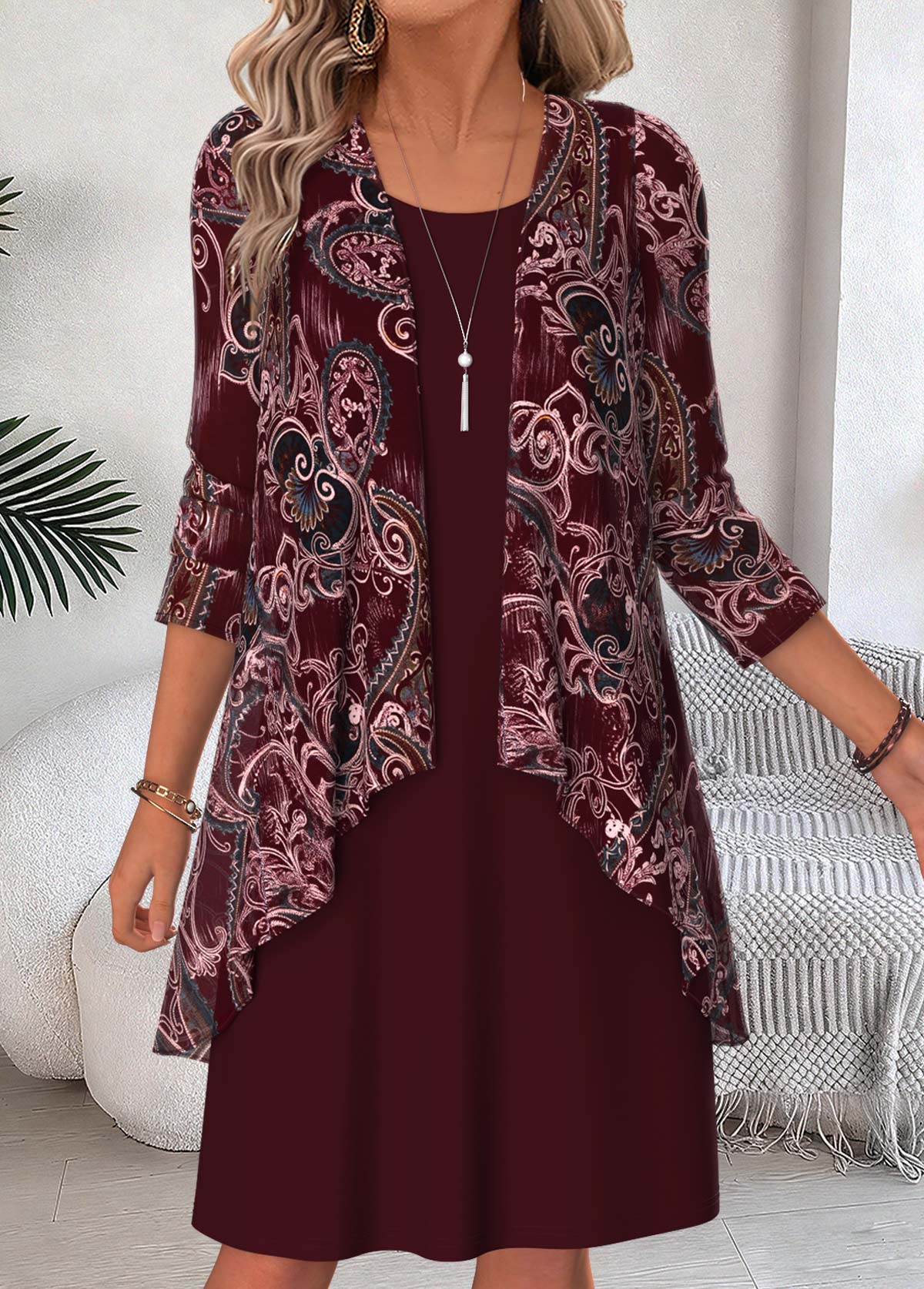 Modlily Wine Red Paisley Print Two-piece Dress and Cardigan - S
