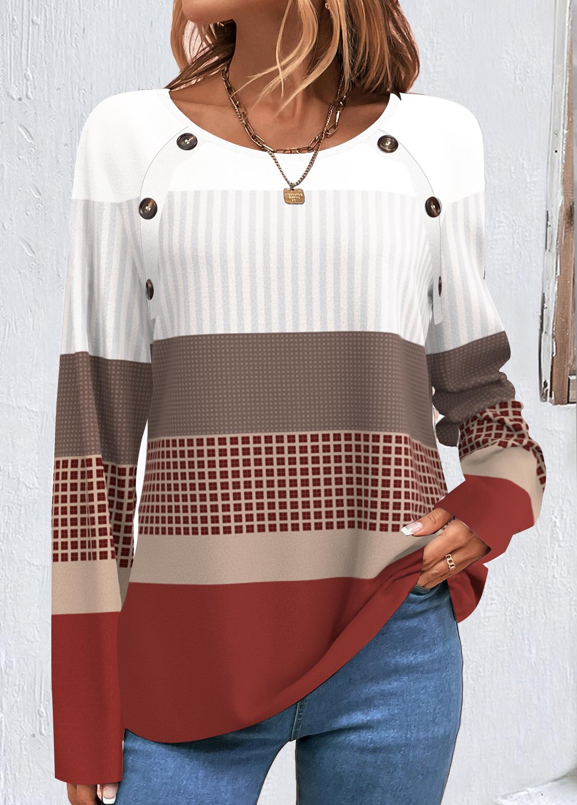 Modlily Wine Red Patchwork Geometric Long Sleeve Round Neck Sweatshirt - M