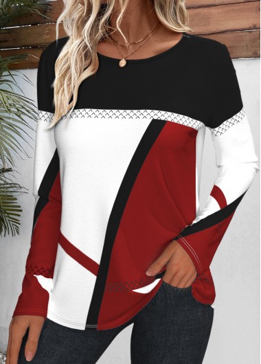 Modlily Wine Red Patchwork Geometric Print Long Sleeve T Shirt - M