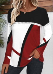 Modlily Wine Red Patchwork Geometric Print Long Sleeve T Shirt - M