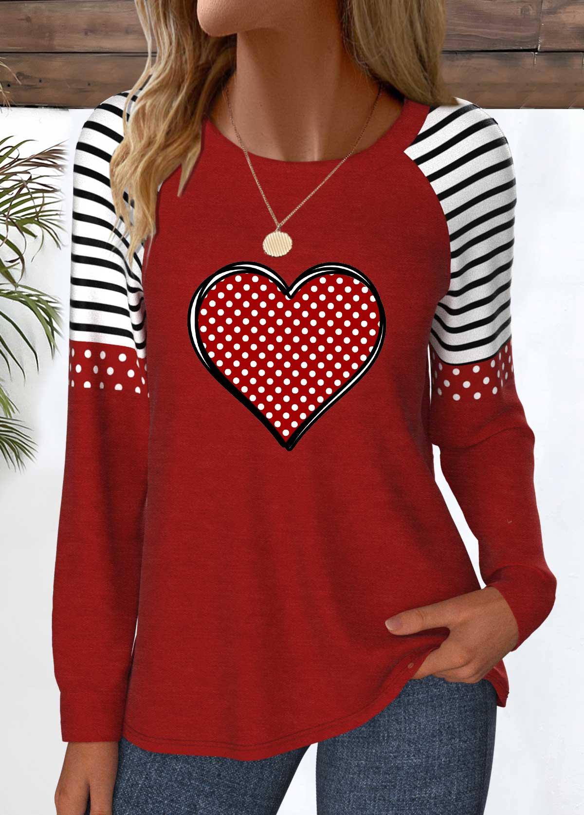 Modlily Wine Red Patchwork Heart Print Long Sleeve T Shirt - M