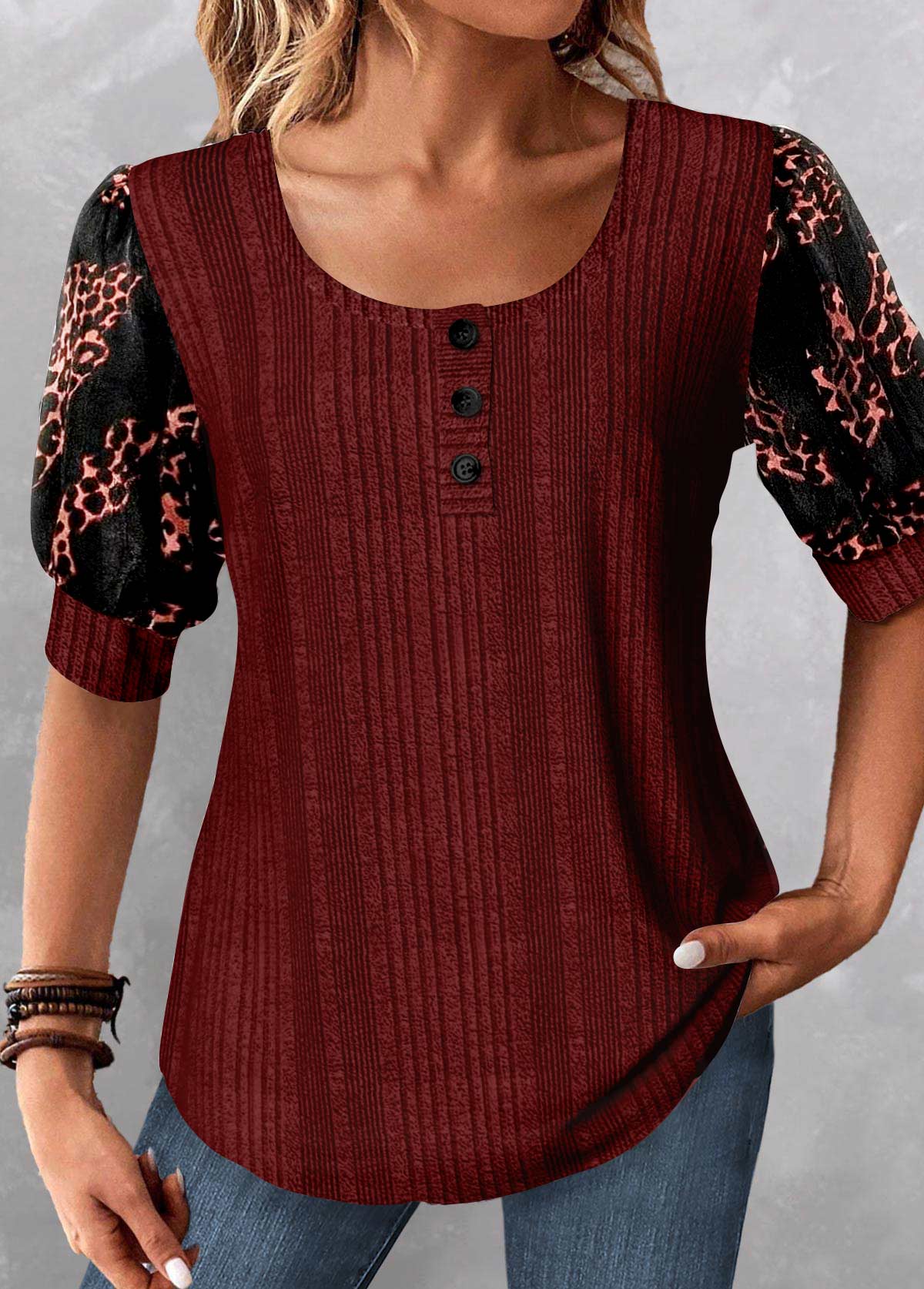 Modlily Wine Red Patchwork Leopard Half Sleeve Blouse - S