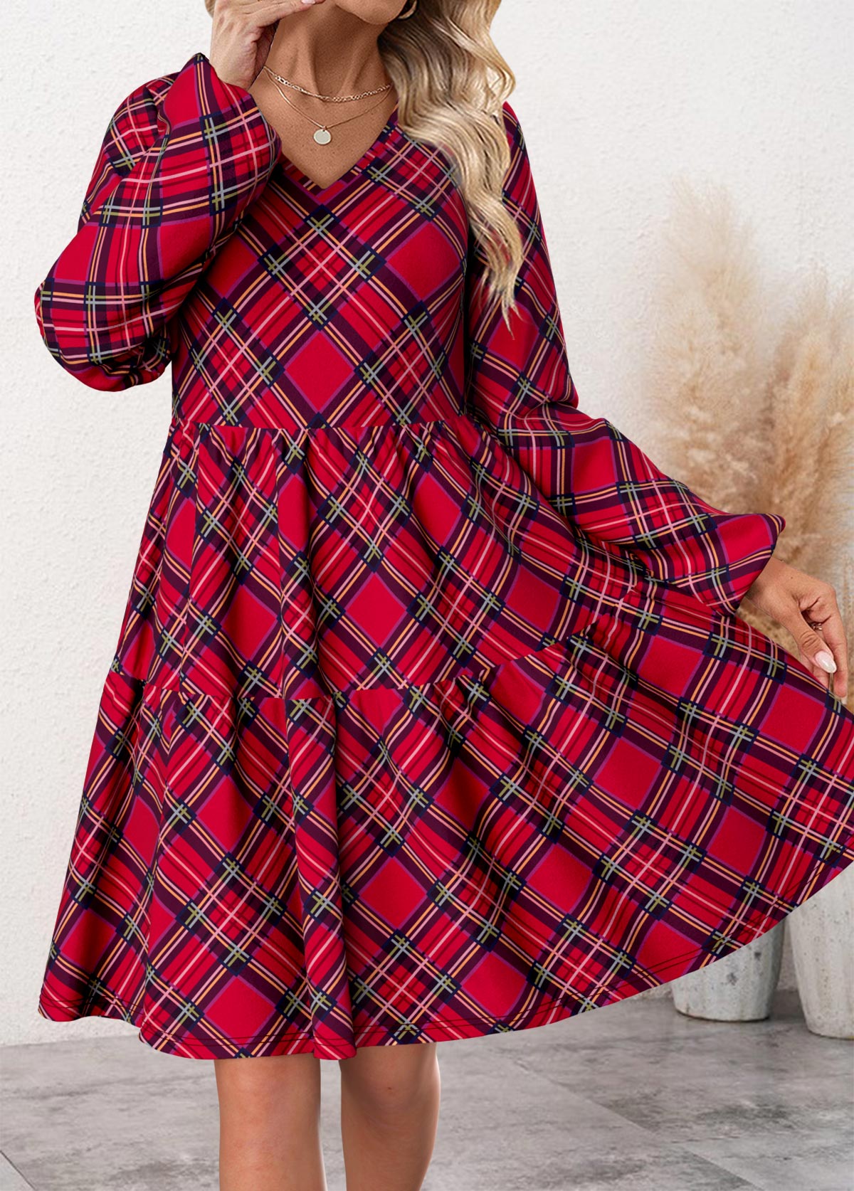 Modlily Wine Red Patchwork Plaid Long Sleeve V Neck Dress - M