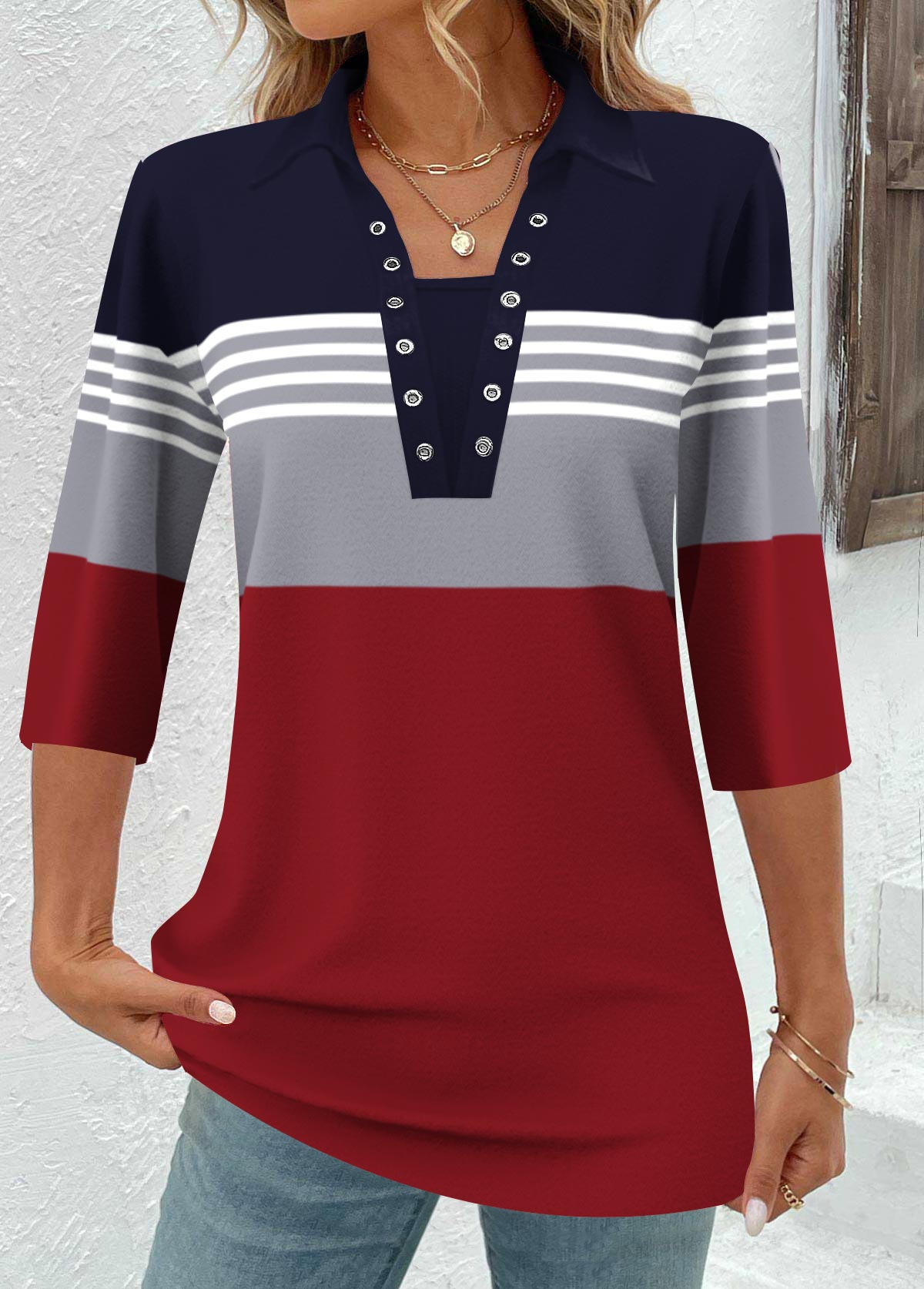 Modlily Wine Red Patchwork Plus Size Striped 3/4 Sleeve Blouse - 3X
