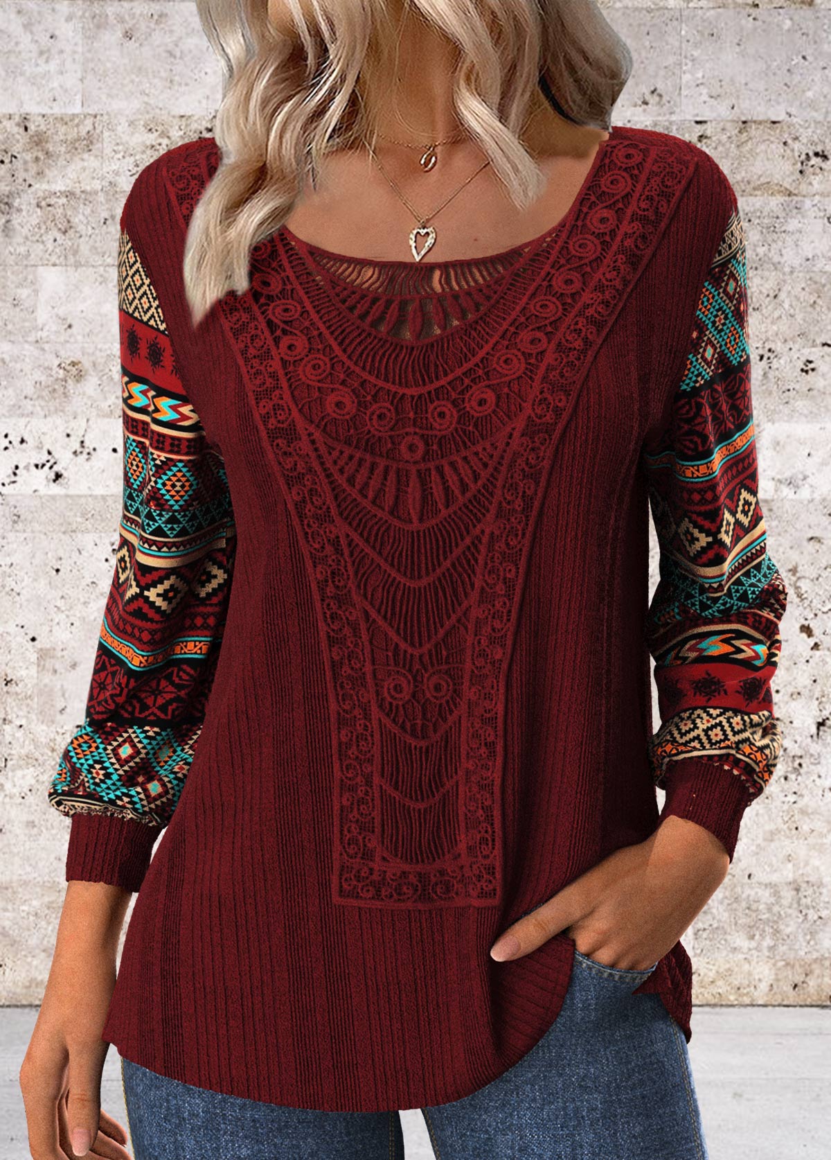 Modlily Wine Red Patchwork Tribal Print Long Sleeve T Shirt - L