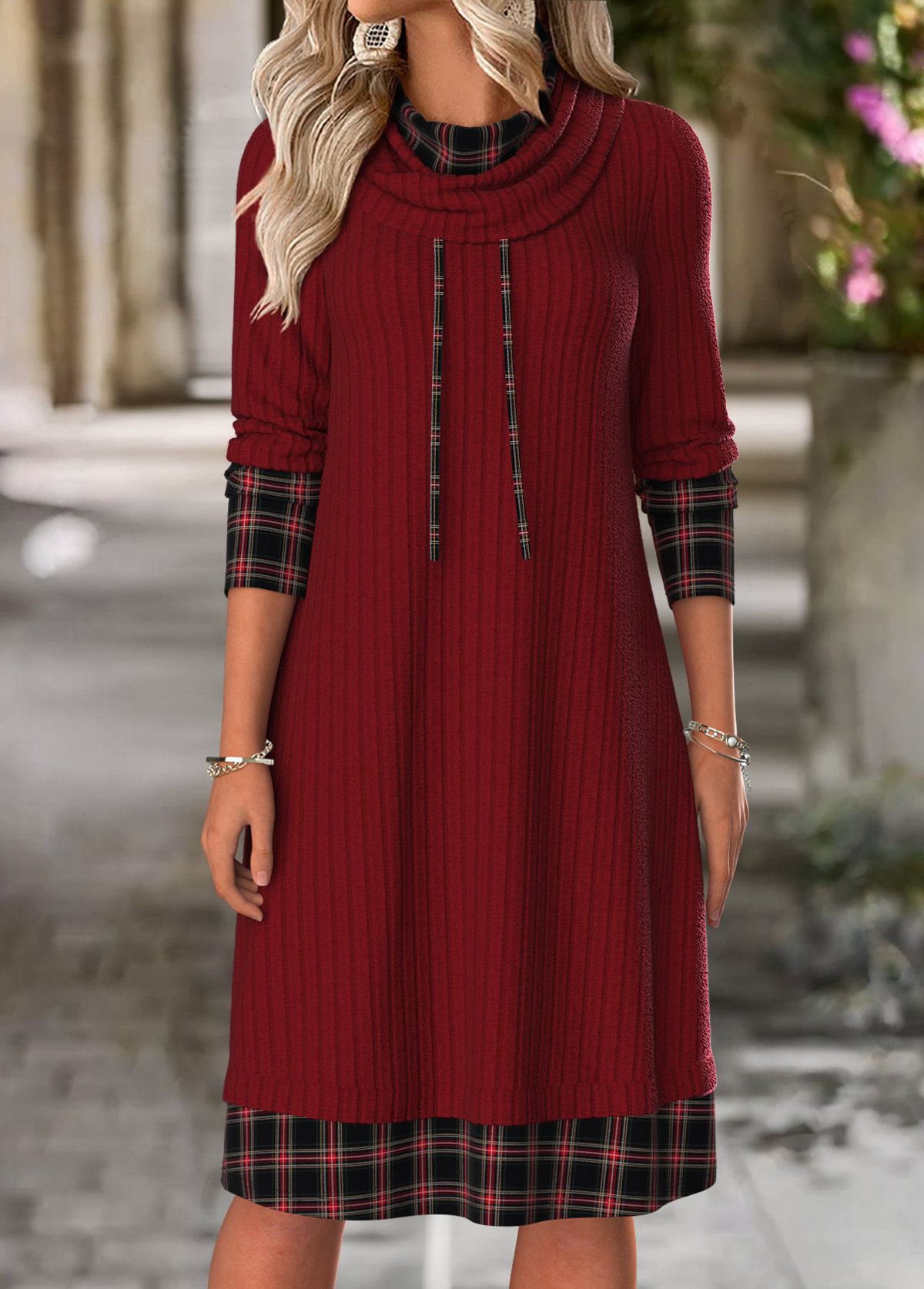 Modlily Wine Red Plaid Long Sleeve Cowl Neck Dress - XXL