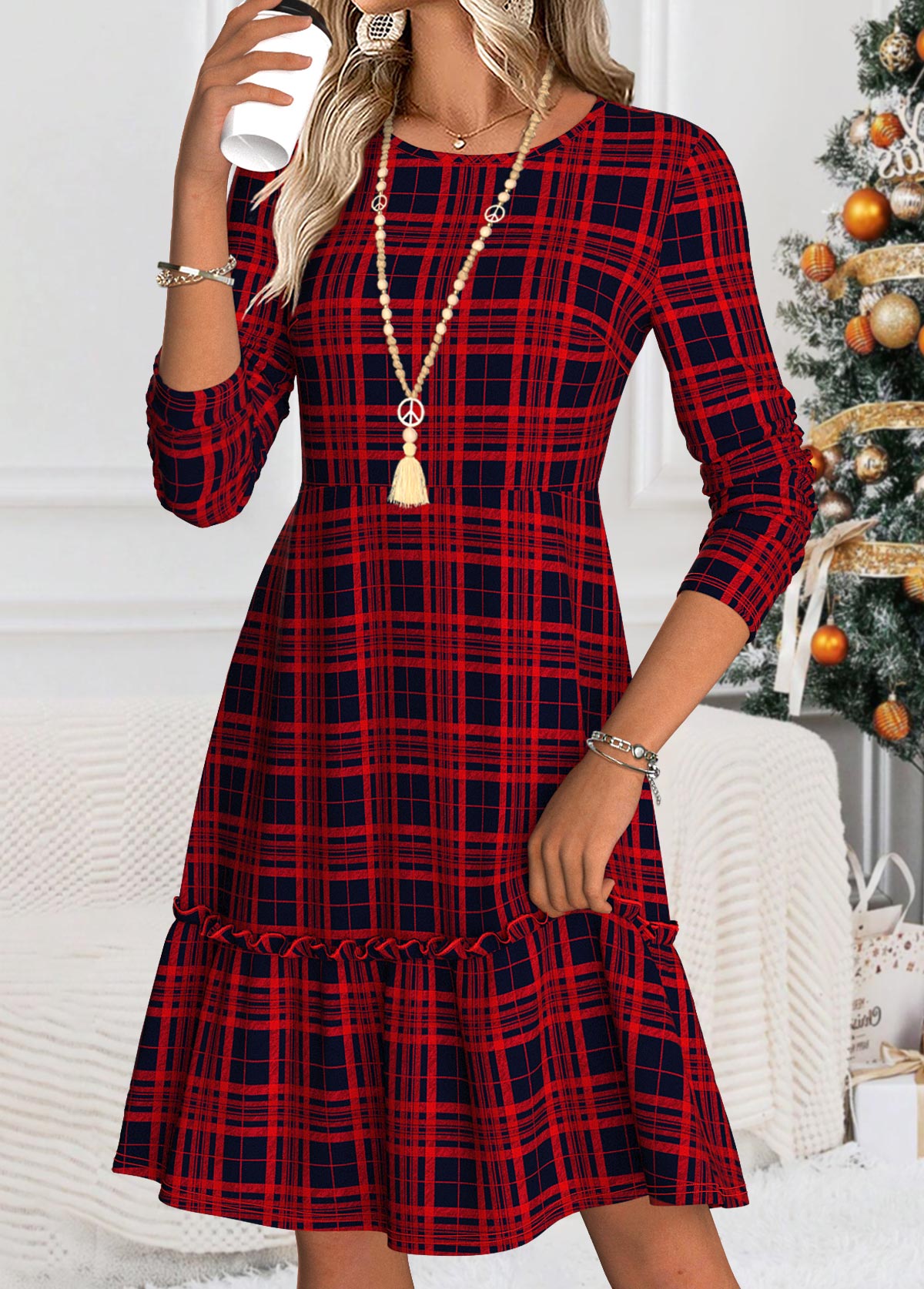 Modlily Wine Red Plaid Long Sleeve Round Neck Dress - XL