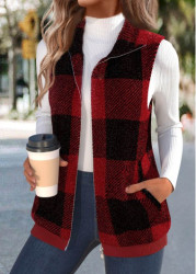 Modlily Wine Red Plush Plaid Sleeveless Stand Collar Waistcoat - M