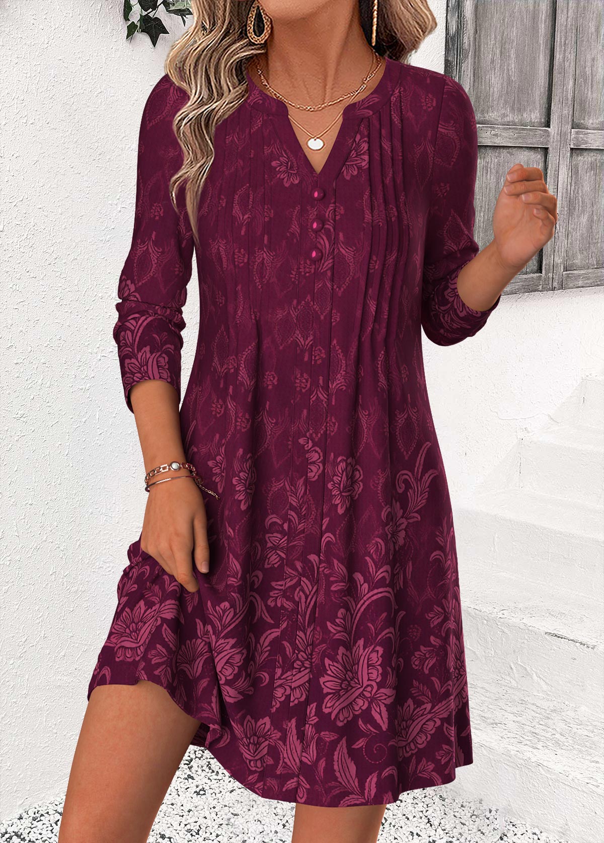 Modlily Wine Red Random Floral Print Short Tuck Stitch Dress - S