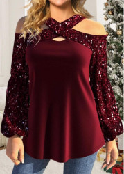 Modlily Wine Red Sequin Plus Size Long Sleeve T Shirt - S